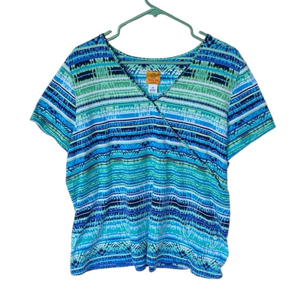 RUBY RD. WOMENS GREEN BLUE WHITE V-NECK SHORT SLEEVE TOP SIZE 2X